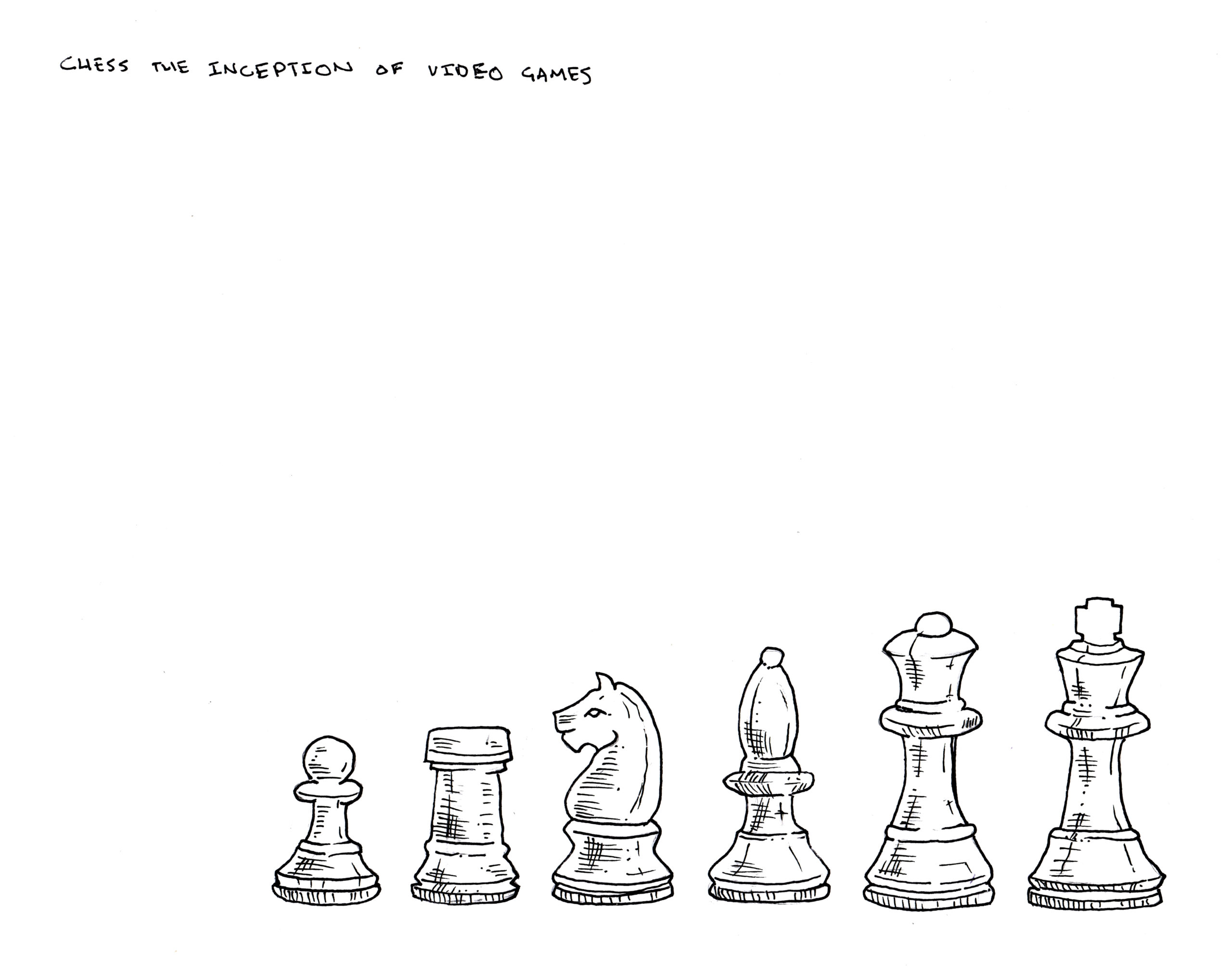 Drawing depicting chess pieces and how they relate to video games.